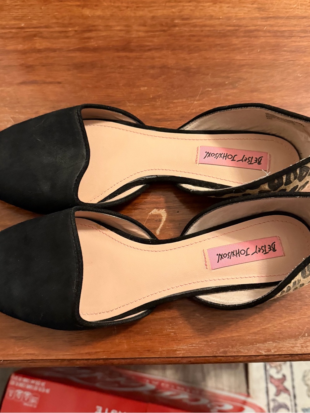 Betsey Johnson Black Pointed D'Orsay Flats with Leopard Trim